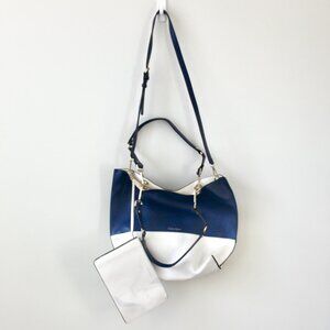 Calvin Klein Nautical Navy Blue White Vegan Faux Leather Tote Purse Handbag Bag